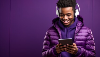Young man with headphones holding a folder while looking at phone