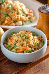Satisfying Comfort: Close-Up of Chicken Fried Rice with Fresh Vegetables, Captured in 4K Resolution