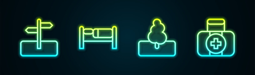 Set line Road traffic sign, Bed, Tree and First aid kit. Glowing neon icon. Vector