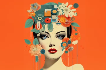 Deurstickers Baksteen Young 60s retro style fashion woman in futuristic retro style. surreal landscape style summer poster Travel themes. Generative AI 