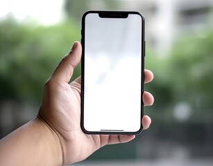 Hand holding a phone with a white screen for mockup