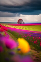 Fototapeta na wymiar spring season full of flowers field grass and trees cloudy day vibrant colours