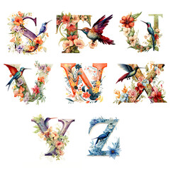 Obraz premium Floral Harmony: An Exquisite Floral Alphabet Letter Adorned with Flowers and a Hummingbird. Generative Ai