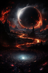 Black Hole swallowing a planet. View from dying planet. AI Art - obrazy, fototapety, plakaty