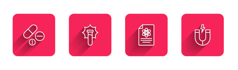 Set line Medicine pill or tablet, Explosion the flask, Chemistry report and Magnet with long shadow. Red square button. Vector