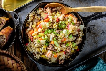 Satisfying Comfort: Close-Up of Chicken Fried Rice with Fresh Vegetables, Captured in 4K Resolution