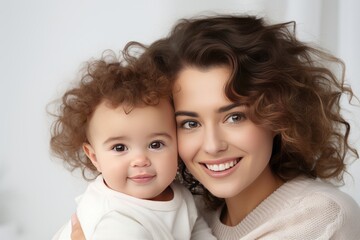 Closeup of a happy young woman holding a baby isolated on background Generative ai
