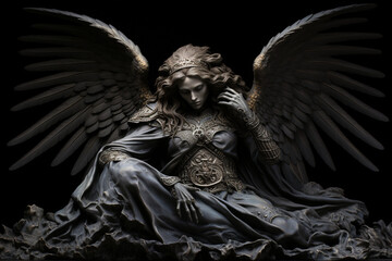 Fototapeta premium A sculpture crafted from stone or bronze, featuring angelic figures or symbolic motifs commonly found in cemeteries, symbolizing the connection between life, death, and the eternal Generative AI