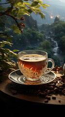 Morning coffee cup and coffee beans on table over mountains, landscape with sunlight. Beauty nature background view of sunset or sunrise background with copy space