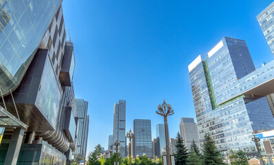 City square and modern skyscrapers