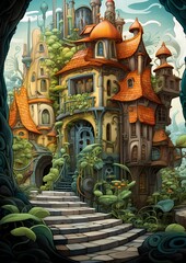 Fototapeta na wymiar the cartoon house in the style of fantasy town in isometric