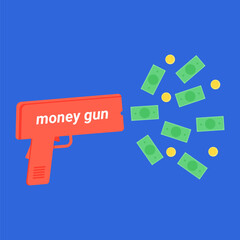 Money machine gun with banknotes and coins on a blue color background. Design for advertising banners and flyers. Black Friday marketing event banner. Flat vector illustration.