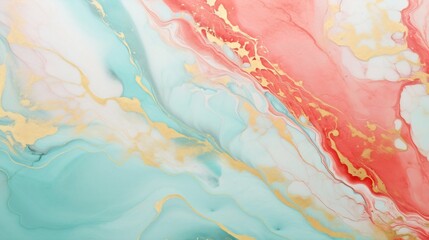 Generative AI : Abstract marble dusty Soft Coral and Pale Turquoise liquid watercolor background with gold lines. Soft Coral and Pale Turquoise alcohol ink drawing effect backdrop for obituary, menu, 