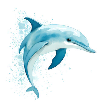 recommend clip art: Dolphin in cartoon style. Cute Little Cartoon dolphin isolated on white background. Watercolor drawing, hand-drawn dolphin in watercolor. For children's books, for cards, Children's illustration.
