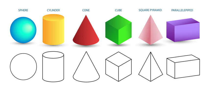 Set of 3d geometric shapes. Isometric views of sphere, cylinder, cone, cube, pyramid and parallelepiped. Vector illustration isolated on white background.