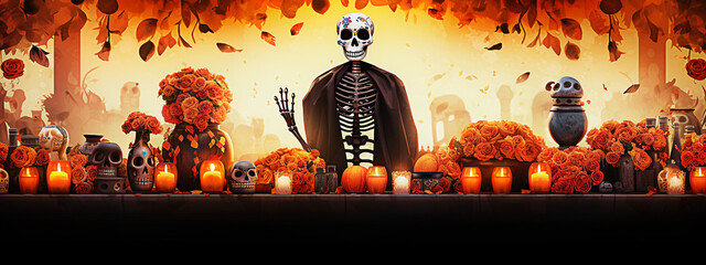 Halloween background with skeleton, pumpkins and candles illustration. selective focus. 