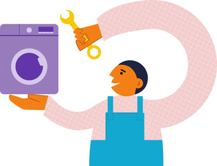 Man repair washing machine flat illustration