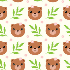 Seamless pattern with little baby bears. Character of baby animal face with pink flower on head. Vector illustration of bear cub. Print with animals and plants for kids. © Natalia