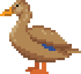 Pixel art duck. Bird retro video game asset. Animal vector illustration.