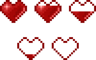 Fototapeta premium Pixel art life bar. Retro video game health heart bar. Vector symbols set.