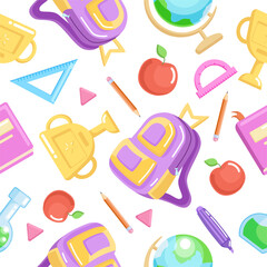 School objects seamless pattern, vector decoration with school supplies, books, backpacks, pencils, bulbs and globes, Back To School vector design.