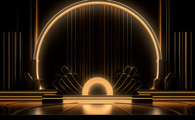 Elegant golden and stage backdrop with a podium on a black background, in the style of curved mirrors, abstract structures, poster, style of art deco.