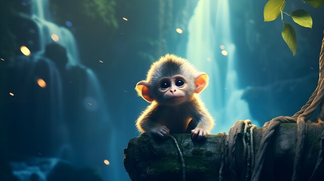 Cute baby monkey in the forest background. Generative AI