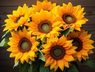 Beautiful natural yellow sunflower with green leaves on a dark background