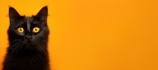 Banner with cute black fluffy cat on bright orange background. Halloween autumn concept. Background...