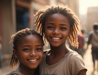 Happy poor two sisters live in a slum in Africa