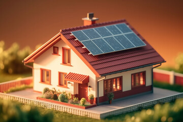 House with solar panels on the roof. Alternative energy source. 3D illustration.