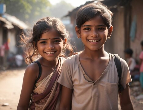 Happy poor brother and sister live in a slum in India