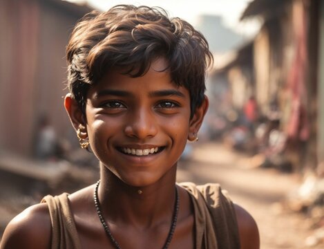 Happy poor boy lives in a slum in India