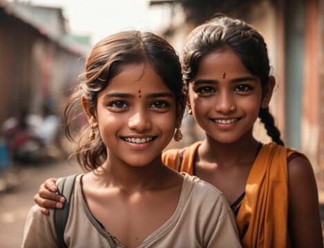 Happy poor two sisters live in a slum in India