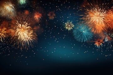 Colorful fireworks on the dark sky background with bokeh, Generative AI