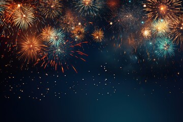 Colorful fireworks on the dark sky background with bokeh, Generative AI