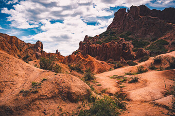Fairytale canyon Skazka in Kyrgyzstan. Canyon Fairy Tale (Tosor), Issyk-Kul region.