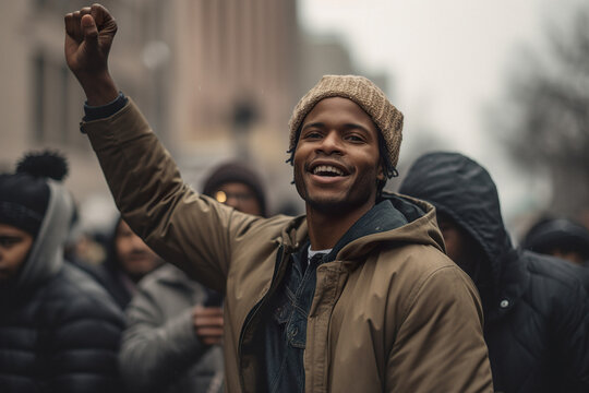 An African-American man with a raised fist protests during an anti-racist protest