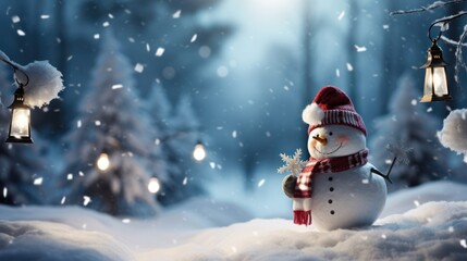 Naklejka na ściany i meble Snowman in winter forest. Christmas and New Year holidays background, Generative AI