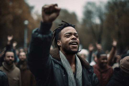 An African-American Man With A Raised Fist Protests During An Anti-racist Protest