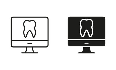 Dental Care Virtual Consultation. Online Dentistry Silhouette and Line Icon Set. Remote Dentist Help Symbol. Tooth Health Diagnosis in Computer Pictogram Collection. Isolated Vector Illustration