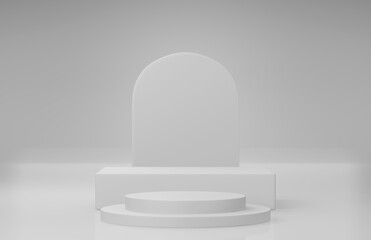 3d render of minimalist podium showcase stage in interior room white studio and lighting for product display abstract bright background.
