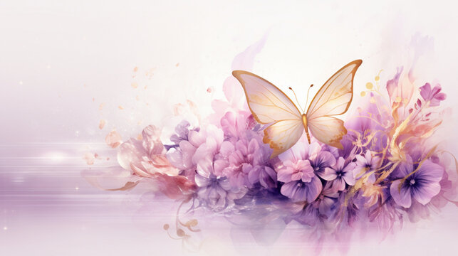 Digital Scene Purple Red And Pink Flower And Gold Butterfly White Background