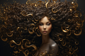 An awe-inspiring portrayal of a woman with cascading curls, each strand meticulously painted to reveal its lustrous shine Generative AI