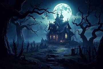 Halloween pumpkins near a tree in a cemetery with a scary house. Halloween background at night forest with moon and bats.