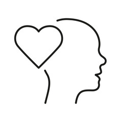 Empathy, Passion, Sympathy Feeling Line Icon. Human Head and Heart Shape Linear Pictogram. Kindness Emotion Outline Sign. Intellectual Process Symbol. Editable Stroke. Isolated Vector Illustration