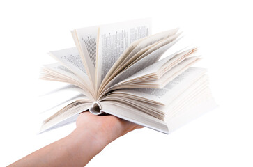 Open book in his hand on a white background.