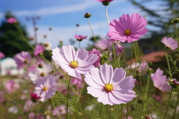  Pink cosmos flowers in the field, generative ai 