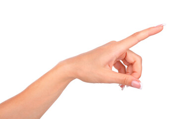 Woman hand touching virtual screen isolated on white background.