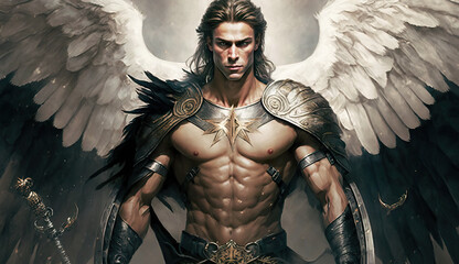 Michael, a majestic archangel, stands tall with outstretched wings. - obrazy, fototapety, plakaty